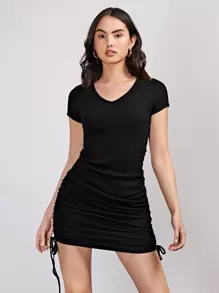 SHEIN EZwear Vestido ajustado poliéster reciclado tejido de canalé con cordón - Negro - Ver 3