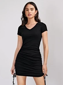 SHEIN EZwear Vestido ajustado poliéster reciclado tejido de canalé con cordón - Negro - Ver 4