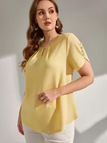 SHEIN LUNE Plus Keyhole Neckline Fold Pleated Pearls Beaded Tee - Yellow - View 1