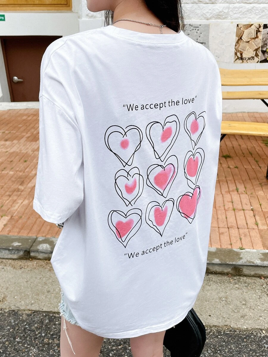 DAZY Camiseta de hombros caídos con estampado de corazón y slogan - Blanco - Ver 1