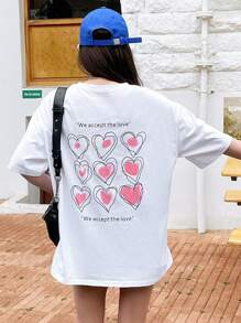 DAZY Camiseta de hombros caídos con estampado de corazón y slogan - Blanco - Ver 6