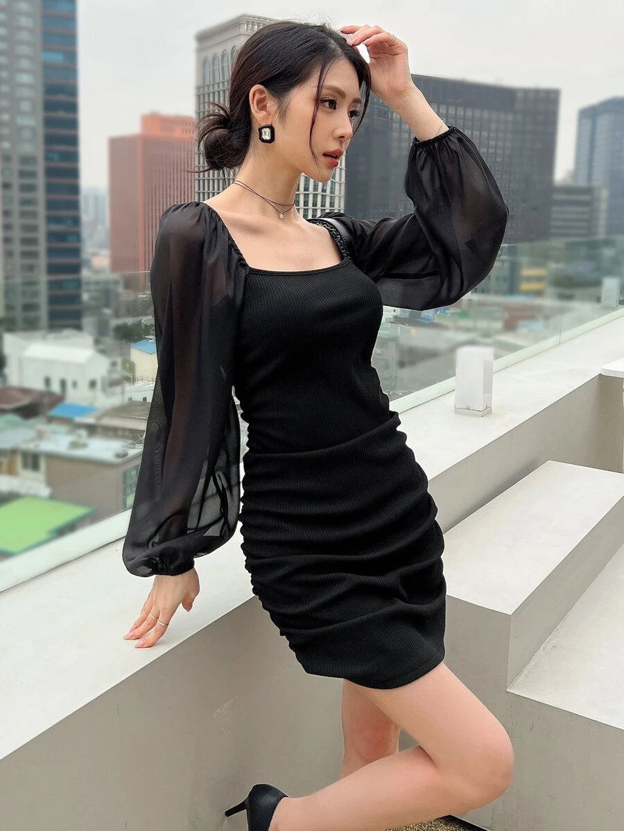 DAZY Cổ vuông Lưới tương phản Tay áo lồng đèn Xù Đầm - màu đen - Xem 1