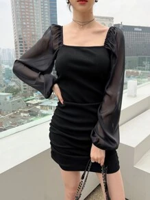 DAZY Cổ vuông Lưới tương phản Tay áo lồng đèn Xù Đầm - màu đen - Xem 6