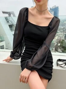 DAZY Cổ vuông Lưới tương phản Tay áo lồng đèn Xù Đầm - màu đen - Xem 7