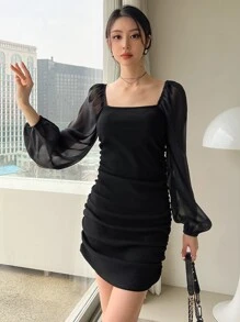 DAZY Cổ vuông Lưới tương phản Tay áo lồng đèn Xù Đầm - màu đen - Xem 8