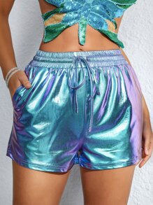 鐳射腰部打結口袋PU皮革短褲