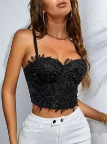 Appliques Pearls Beaded Bustier Cami Top - Black - View 1