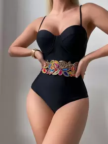 SHEIN Swim Summer Beach Floral Push Up One Piece Swimsuit - Black - View 1