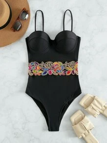 SHEIN Swim Summer Beach Floral Push Up One Piece Swimsuit - Black - View 3