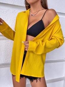 SHEIN VCAY Solid Drop Shoulder Shirt - Yellow - View 1