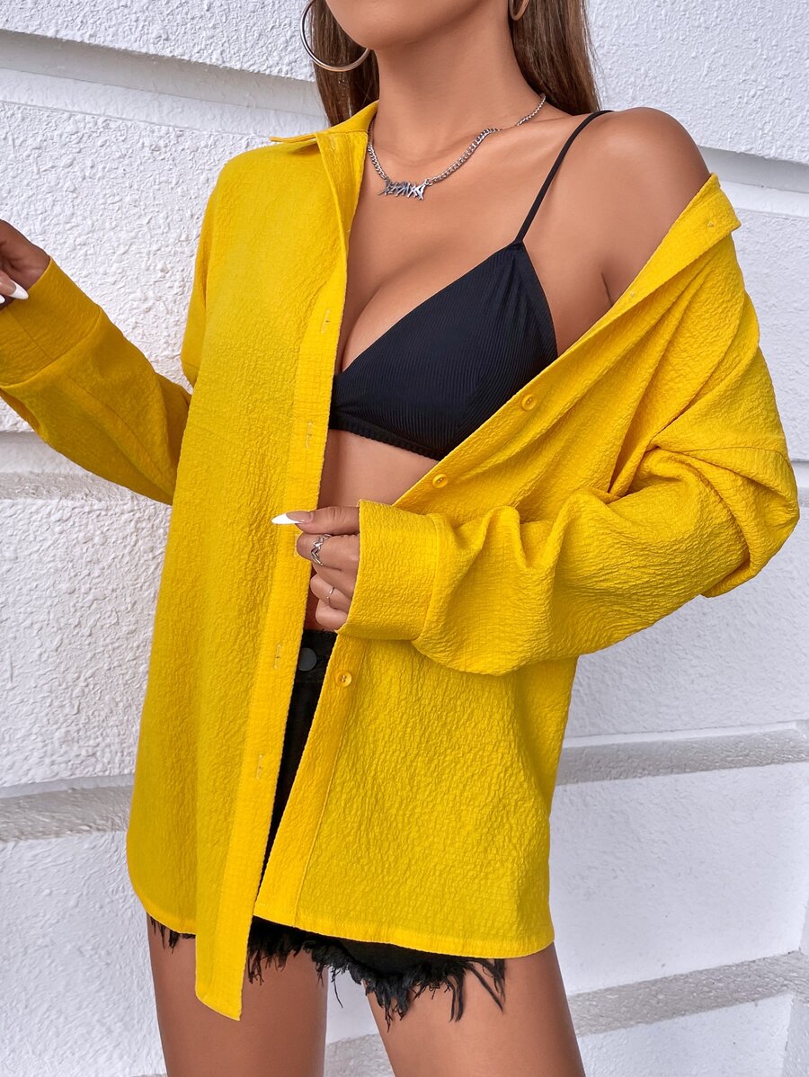 SHEIN VCAY Solid Drop Shoulder Shirt - Yellow - View 1