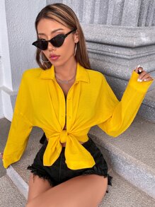 SHEIN VCAY Solid Drop Shoulder Shirt - Yellow - View 3