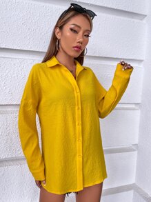 SHEIN VCAY Solid Drop Shoulder Shirt - Yellow - View 4