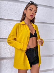 SHEIN VCAY Solid Drop Shoulder Shirt - Yellow - View 5