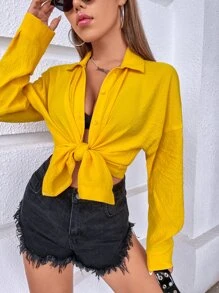 SHEIN VCAY Solid Drop Shoulder Shirt - Yellow - View 6