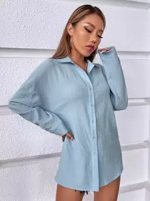 SHEIN Holidaya 素色落肩袖襯衫 - 淺藍色 - 查看 4
