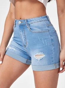 Ripped Roll Hem Denim Shorts - Light Wash - View 1