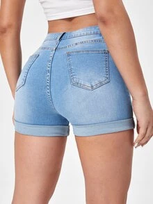 Ripped Roll Hem Denim Shorts - Light Wash - View 2