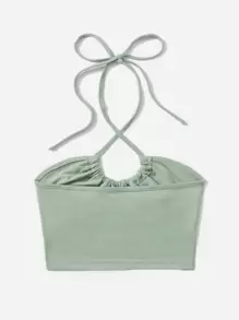 SHEIN PETITE Drawstring Tie Backless Crop Halter Top - Mint Green - View 2