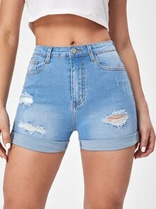 Ripped Roll Hem Denim Shorts - Light Wash - View 3