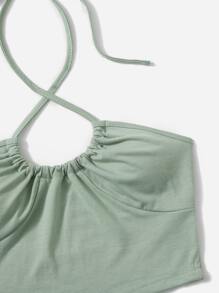 SHEIN PETITE Drawstring Tie Backless Crop Halter Top - Mint Green - View 3