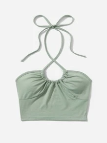 SHEIN PETITE Drawstring Tie Backless Crop Halter Top - Mint Green - View 4