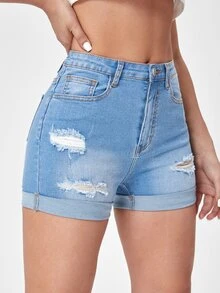 Ripped Roll Hem Denim Shorts - Light Wash - View 5