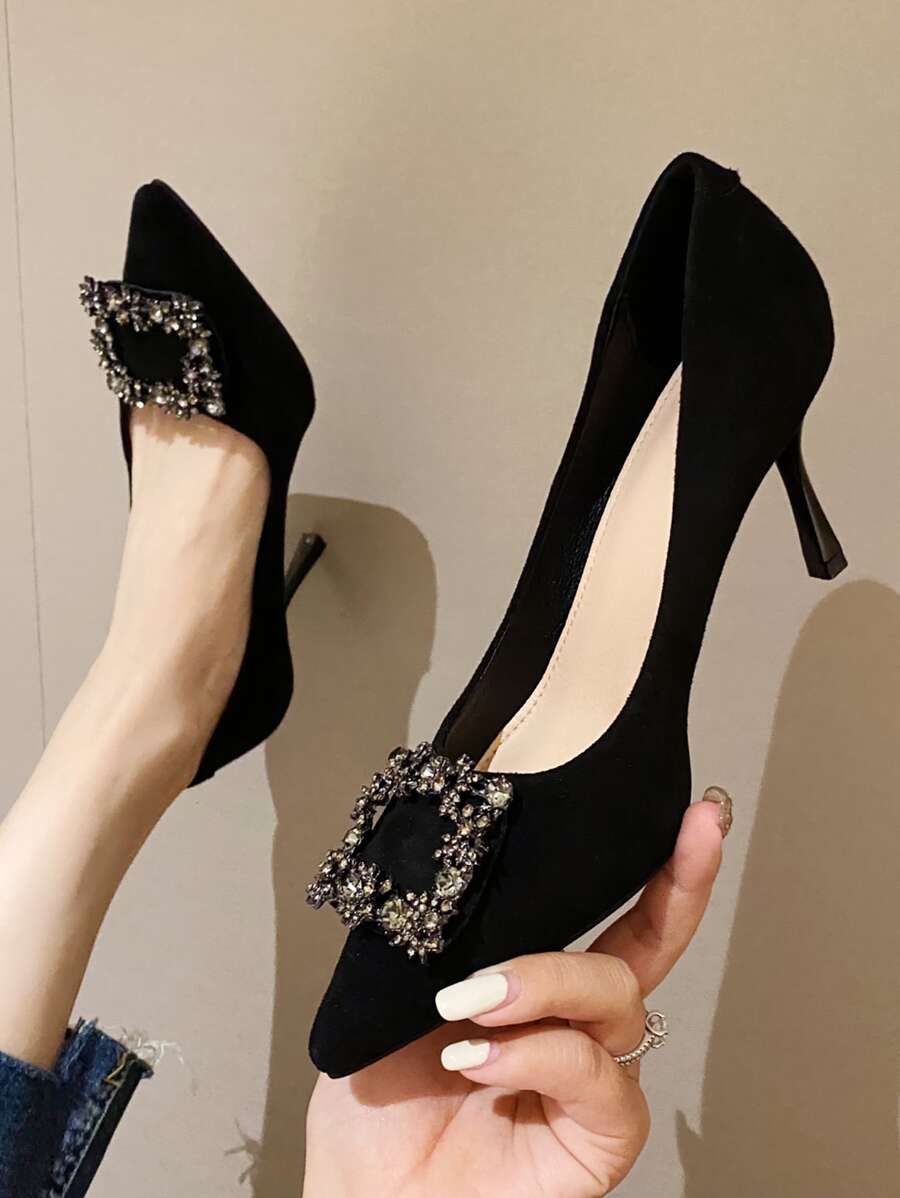 Fall/Winter Rhinestone Decor Stiletto Heeled Court Pumps, Black Party Rhinestone Solid Color Women's High Heels Valentines,Elegant
