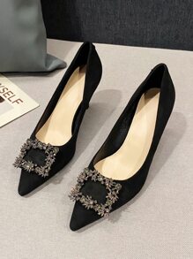 Fall/Winter Rhinestone Decor Stiletto Heeled Court Pumps, Black Party Rhinestone Solid Color Women's High Heels Valentines,Elegant