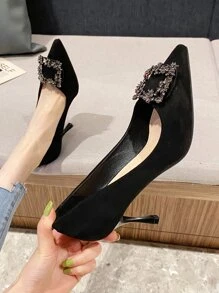 Fall/Winter Rhinestone Decor Stiletto Heeled Court Pumps, Black Party Rhinestone Solid Color Women's High Heels Valentines,Elegant