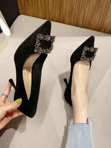 Fall/Winter Rhinestone Decor Stiletto Heeled Court Pumps, Black Party Rhinestone Solid Color Women's High Heels Valentines,Elegant