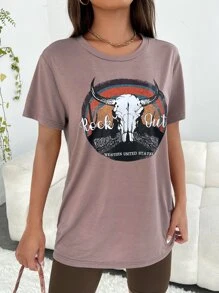 SHEIN EZwear Camiseta con toro & con estampado de letra - Marrón Mocha - Ver 3