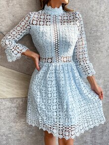 Eilly Bazar 女士优雅立领蕾丝镂空连衣裙 - 淺藍色 - 查看 3