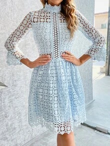 Eilly Bazar 女士优雅立领蕾丝镂空连衣裙 - 淺藍色 - 查看 6