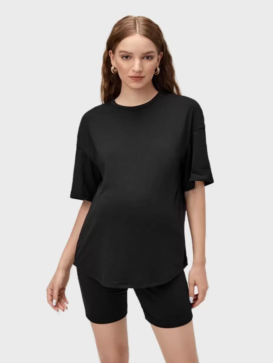 SHEIN Maternity Solid Drop Shoulder Top & Cycling Shorts Set - Black - View 1