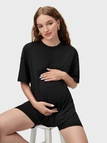 SHEIN Maternity Solid Drop Shoulder Top & Cycling Shorts Set - Black - View 3