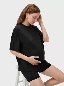 SHEIN Maternity Solid Drop Shoulder Top & Cycling Shorts Set - Black - View 5