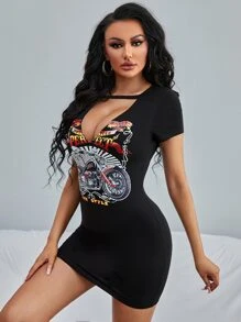 SHEIN SXY Đầm Cắt ra Đồ họa Lá thư Gợi cảm - màu đen - Xem 5