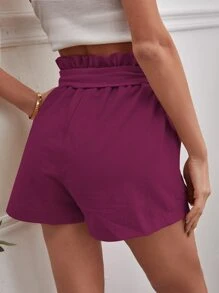 SHEIN ChicEase Quần đùi nữ Thắt lưng Túi Quần paper-bag màu trơn Giải trí - Màu tím - Xem 2