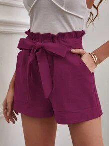 SHEIN ChicEase Quần đùi nữ Thắt lưng Túi Quần paper-bag màu trơn Giải trí - Màu tím - Xem 3