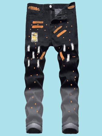 بنطلون جينز ممزق بطباعة بالفرشاة للشباب