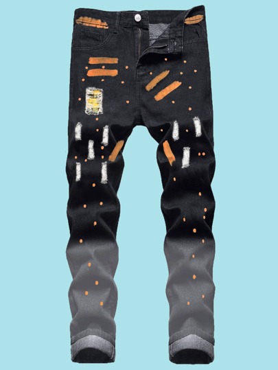 بنطلون جينز ممزق بطباعة بالفرشاة للشباب