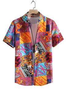 ROMWE MEN Street Life 男士拼布衬衫和抽绳短裤（不含 T 恤，学校） - 彩色 - 查看 6