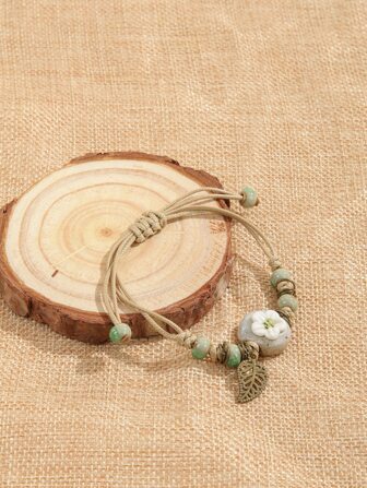 花細節圓形裝飾葉子墜飾手環