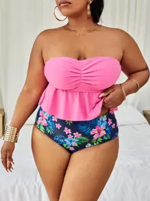 Conjunto de bikini de cintura alta con estampado tropical y pliegues de talla grande para playa de verano - Multicolor - Ver 1