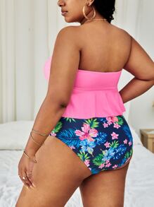 Conjunto de bikini de cintura alta con estampado tropical y pliegues de talla grande para playa de verano - Multicolor - Ver 2