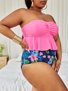 Conjunto de bikini de cintura alta con estampado tropical y pliegues de talla grande para playa de verano - Multicolor - Ver 4