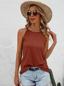 SHEIN LUNE Solid Rib Knit Tank Top - Rust Brown - View 5