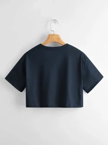 SHEIN Unity 字母圖案落肩袖短款T恤 - 藏蓝色 - 查看 2