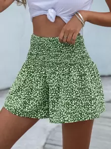 SHEIN VCAY Ditsy Floral Shirred Wide Leg Shorts - Green - View 1